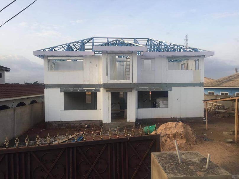 A photo of a GigaHouse during construction.