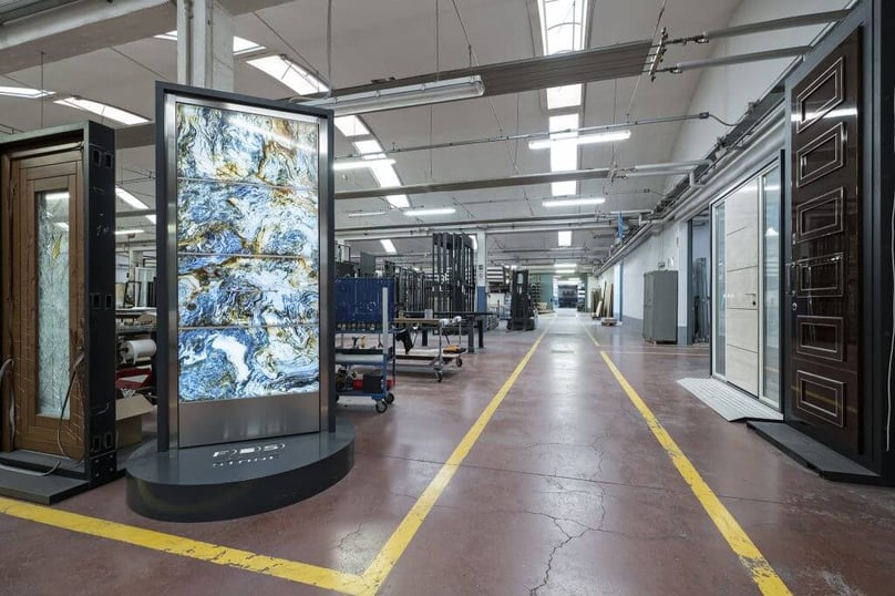 A photo of the showroom at our factory in Italy.