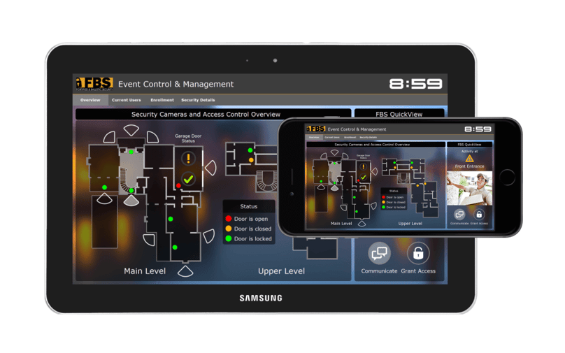 A photo of our home security app displayed on a tablet and a smartphone.
