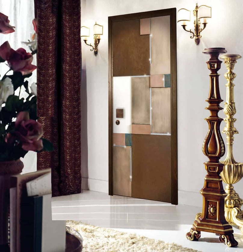  A photo of a master bedroom security door decorated with a pattern of various stones and wood.