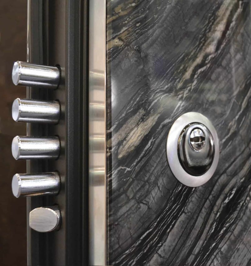 A photo of a security door with multiple deadbolts