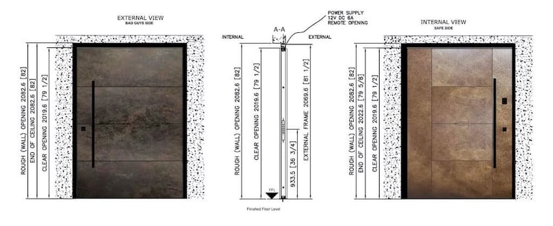 An example of a shop drawing with finishing details for a pivot door to be installed in a luxury home.
